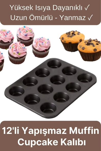 Çok Amaçlı Mutfak Yüksek Isıya Dayanıklı Yıkanabilir Yanmaz Yapışmaz 12'li Kek Muffin Cupcake Kalıbı ürün görseli 1