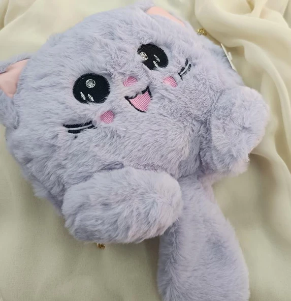 Çanta Peluş Sevimli Kedi Zincir Saplı El Omuz Çantası Lila ürün görseli 1
