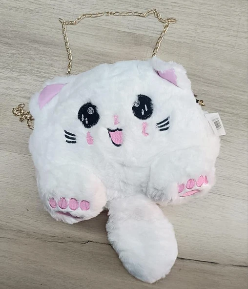 Çanta Peluş Sevimli Kedi Zincir Saplı El Omuz Çantası Beyaz ürün görseli 1