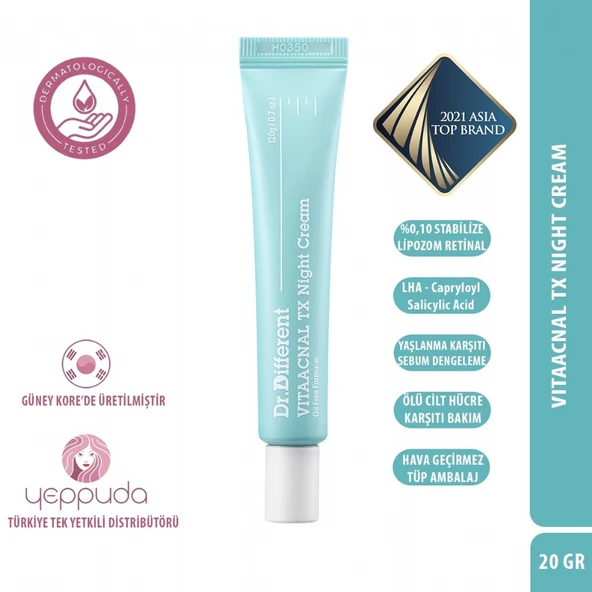 Dr.Different Vitaacnal Tx Night Cream - %0.10 Stabilize Lipozom Retinal ve LHA İçeren Akne Karşıtı Gece Kremi ürün görseli 1