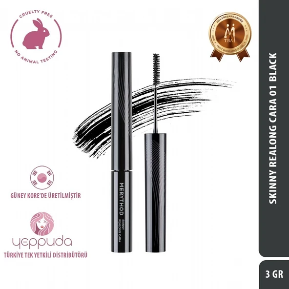 Merythod Skinny Realong Cara 01 Black - Topaklanma Yapmayan Suya Dayanıklı İnce Fırçalı Siyah Maskara ürün görseli 1