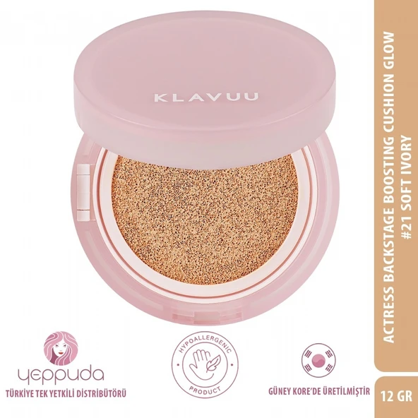 Klavuu Actress Backstage Boosting Cushion Glow #21 Soft Ivory SPF 50+, PA+++ - Parlak Bitişli Nemlendirici Fondöten ürün görseli 1