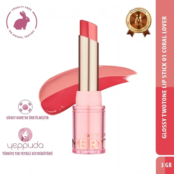 Merythod Glossy Twotone Lip Stick 01 Coral Lover - Çift Tonlu Ruj ürün görseli 1