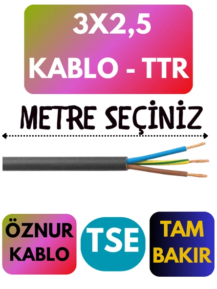 Öznur 3X2,5 TTR Kablo Metre Seçenekli (Siyah) ürün görseli 1