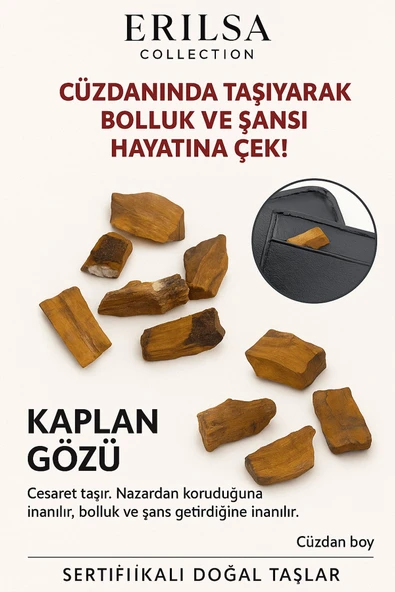 Sertifikalı Ham Cüzdan Boy Kaplan Gözü Taşı Kütle - Cesaret, Odak Günlük Koruma Taşı ürün görseli 1
