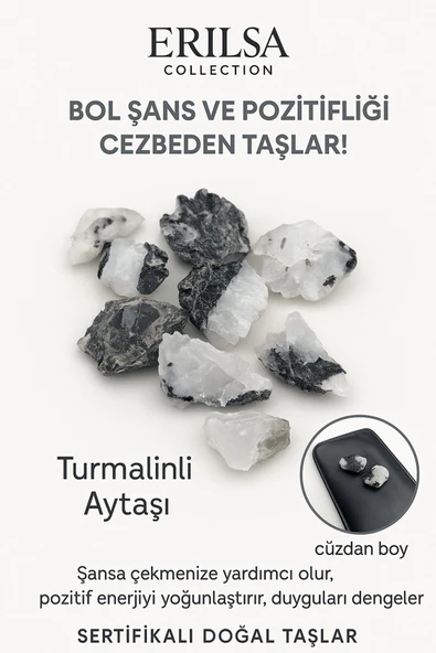 Sertifikalı Ham Cüzdan Boy Turmalinli Ay Taşı Kütle - El Taşı - Günlük Koruma Duygusal Denge Taşı ürün görseli 1