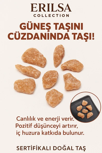 Sertifikalı Ham Cüzdan Boy Güneş Taşı Kütle - El Taşı - Neşe, Özgüven ve Günlük Enerji Desteği ürün görseli 1