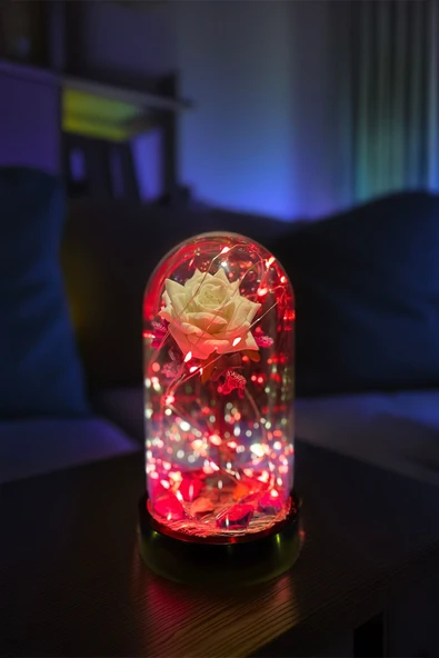 Celestia Anneler Gününe Özel Beyaz Gül Kırmızı Fanus Lamba Usb'li Yapay Çiçek Dekoratif Aydınlatma Hediyelik ürün görseli 1