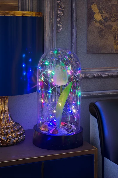 Celestia Anneler Gününe Özel Beyaz Lale RGB Peri Ledli Fanus Lamba USB'li Yapay Çiçek Dekoratif Hediyelik ürün görseli 1