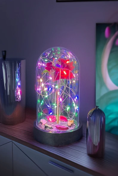 Celestia Anneler Gününe Özel Kırmızı Gül Rgb Fanus Lamba Usb'li Yapay Çiçek Dekoratif Aydınlatma Hediyelik ürün görseli 1