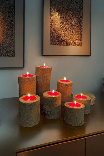 Celestia 7'li Tealight Mumluk Seti, Doğal Kütük, El Yapımı Ahşap, Rustik Modern Dekor Bohem & İskandinav Tarz ürün görseli 1