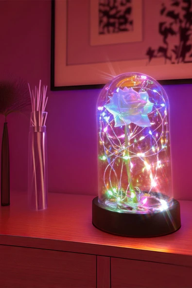 Celestia Anneler Gününe Özel Beyaz Gül Rgb Fanus Lamba Usb'li Yapay Çiçek Dekoratif Aydınlatma Hediyelik ürün görseli 1