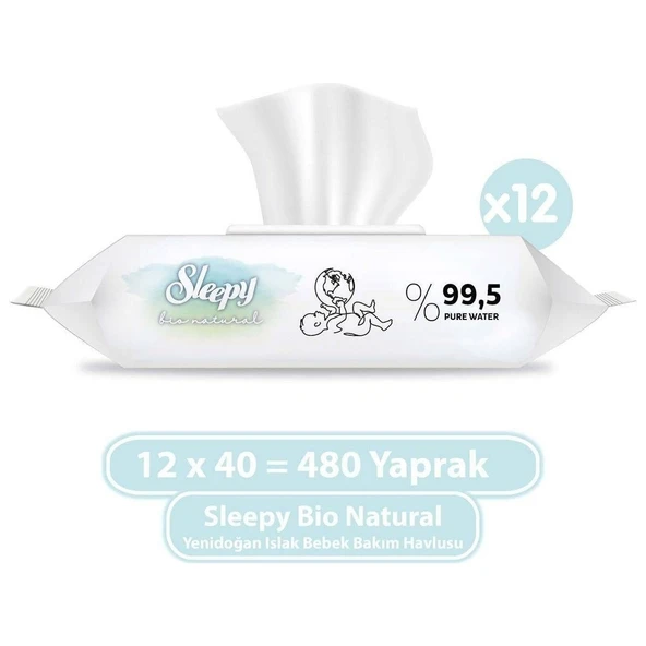Sleepy Bio Natural Yenidoğan Islak Bebek Bakım Havlusu 12X40 (480 Yaprak) ürün görseli 1