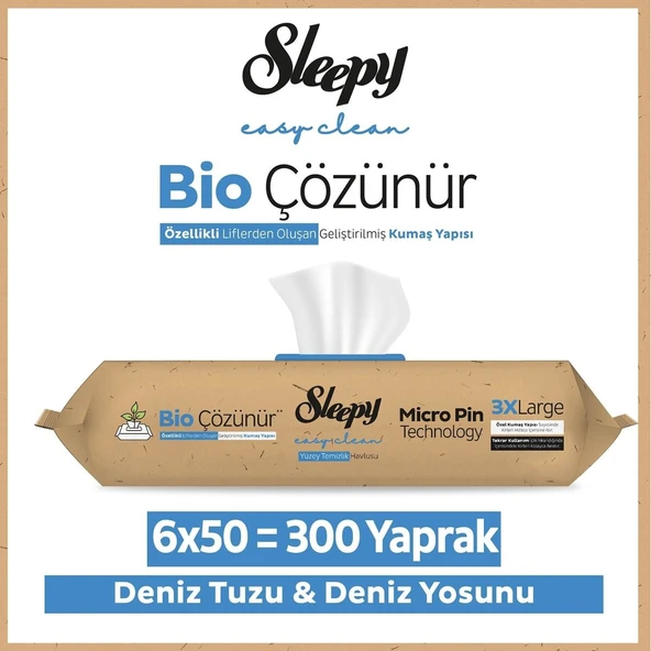 Sleepy Bio Çözünür Yüzey Temizlik Havlusu Deniz Tuzu&Yosun 6x50 (300 Yaprak) ürün görseli 1