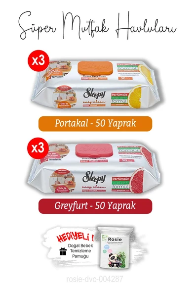 Süper Mutfak Havlusu Portakal (x3) ve Greyfurt (x3) 50'li ve ROSIE ürün görseli 1