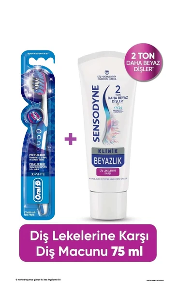 Sensodyne Klinik Beyazlık Diş Lekelerine Karşı Diş Macunu 75 ml + Oral-B Pro Flex 3D White Luxe Medium Diş Fırçası ürün görseli 1
