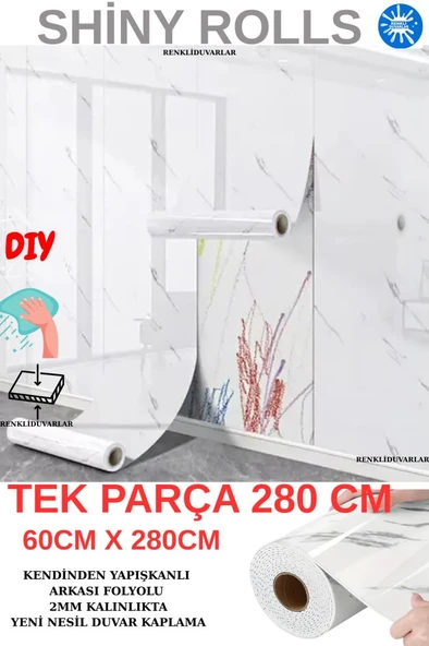 Renkli Duvarlar 60cm x 280cm Tek Parça Rulo Shiny Beyaz Mermer Desenli Banvo Salon Wc Yapışkanlı Duvar Paneli Kağıdı ürün görseli 1