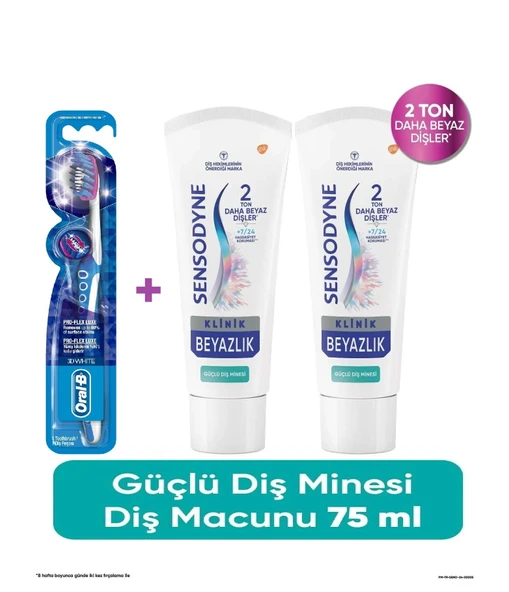 Sensodyne Klinik Beyazlık Güçlü Diş Minesi Diş Macunu 75 ml x 2 ADET + Oral-B Pro Flex 3D White Luxe Medium Diş Fırçası ürün görseli 1