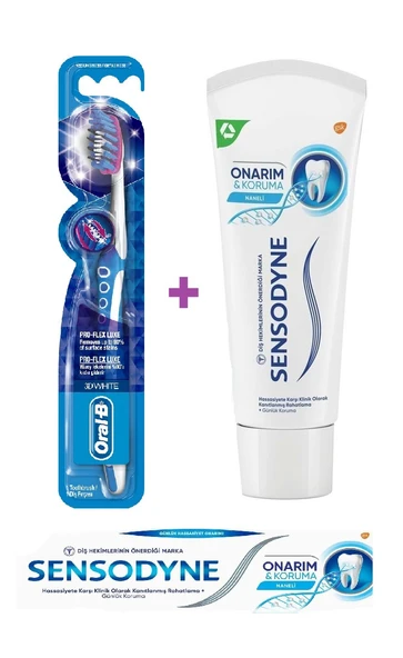 Sensodyne Onarım & Koruma Naneli Diş Macunu 75ml + Oral-B Pro Flex 3D White Luxe Medium Diş Fırçası ürün görseli 1