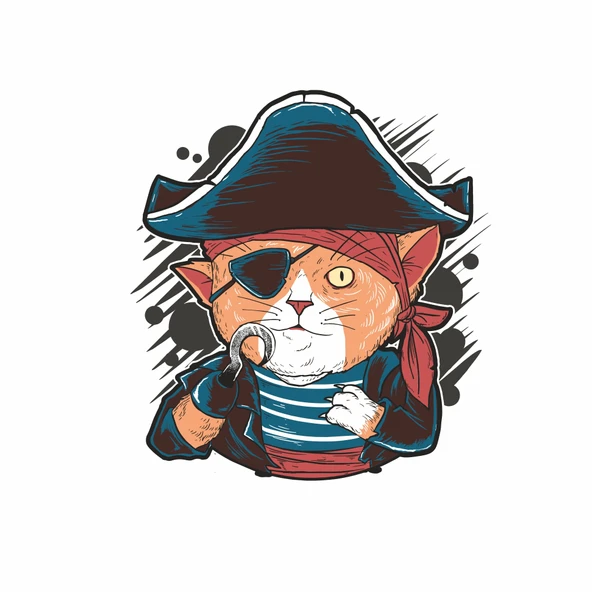 Korsan Kedi Sticker 10x10 cmRenkli Sticker ürün görseli 1