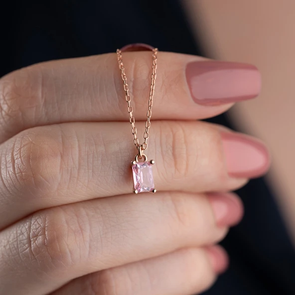 Vaoov 925 Ayar Gümüş Pembe Baget Kolye ürün görseli 1
