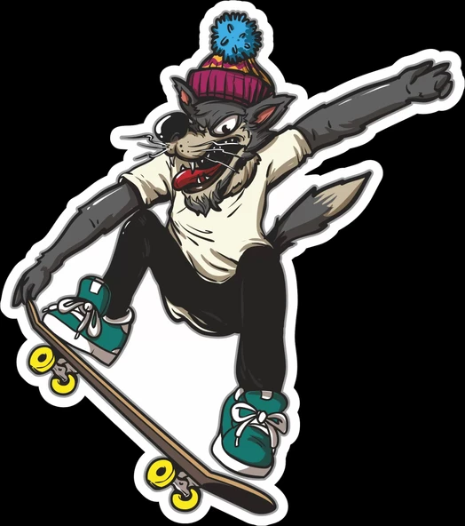 Kaykaycı Kurt Sticker 10x10 cmRenkli Sticker ürün görseli 1