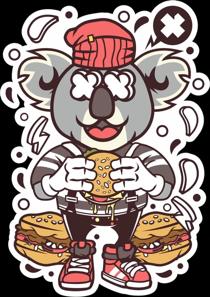 Hamburger Yiyen Rakun Sticker 10x10 cmRenkli Sticker ürün görseli 1