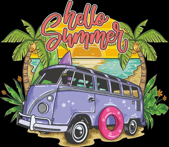 Hello Summer Karavan Sticker 10x10 cmRenkli Sticker ürün görseli 1