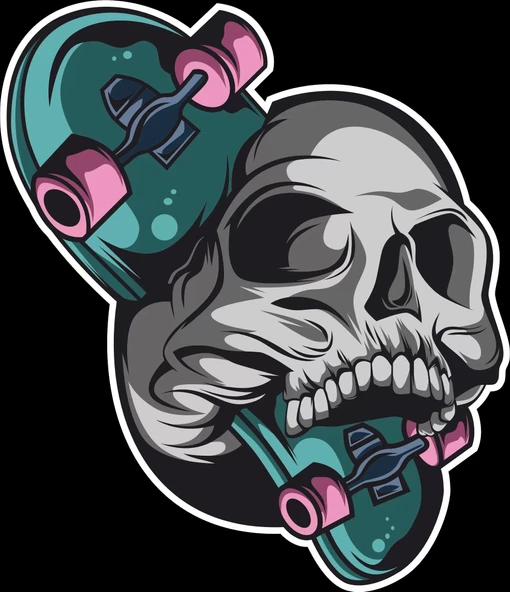 Kaykay ve Kurukafa Sticker 10x10 cmRenkli Sticker ürün görseli 1