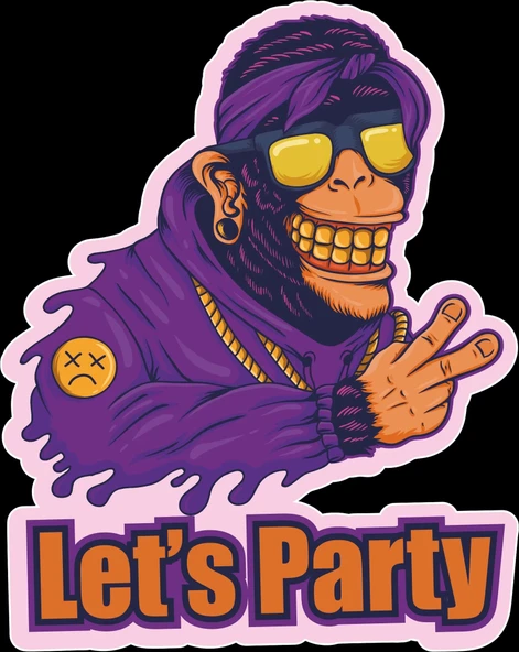Lets Party Maymun Sticker 10x10 cmRenkli Sticker ürün görseli 1