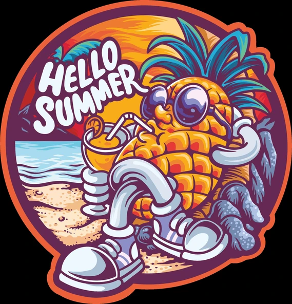 hello summer ananas sticker 10x10 cmRenkli Sticker ürün görseli 1