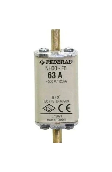 FEDERAL 63A NH Bıçaklı Sigorta NH00-FB 120kA gG 500Vac CuZn/Ag STEATIT ürün görseli 1