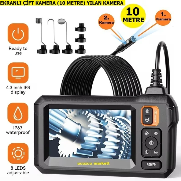 10 Metre 4.3 Inç Çift Kamera Ekranlı Yılan Kamera (Ayarlanabilir Parlak 8 Led) ürün görseli 1