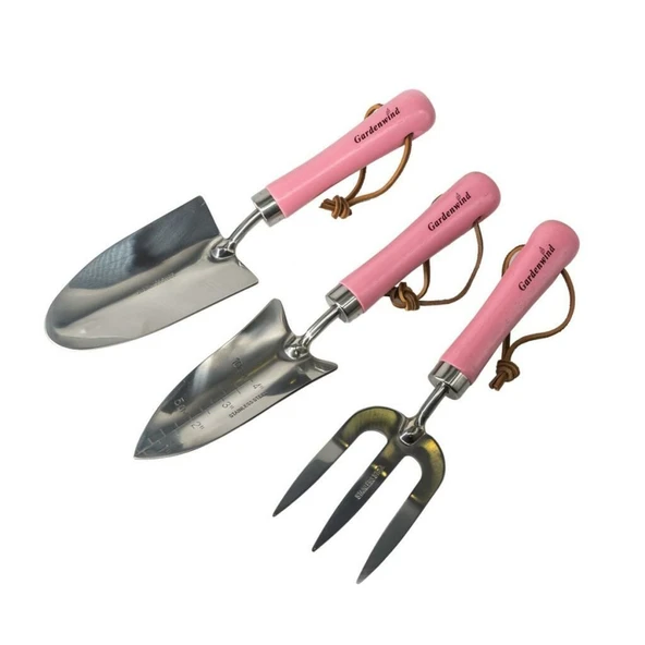 Gardenwind Natural P1729003 Paslanmaz 3lü Bahçe Seti Dar/Geniş Kürek ve Dirgen (Pembe Saplı) ürün görseli 1