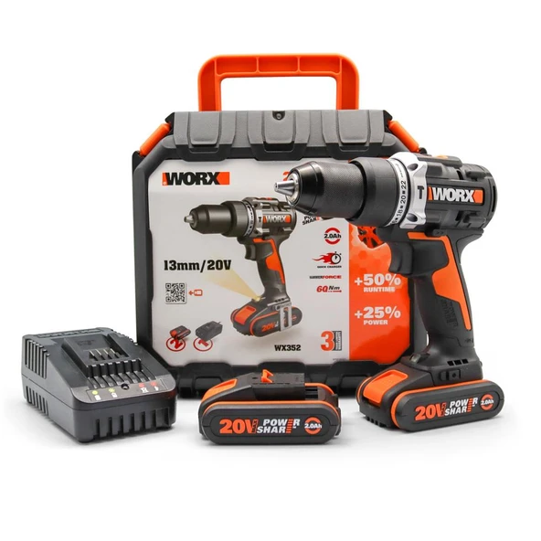 WORX WX352 20Volt/2.0Ah Li-ion Çift Akülü Kömürsüz Profesyonel Şarjlı Darbeli Matkap ürün görseli 1