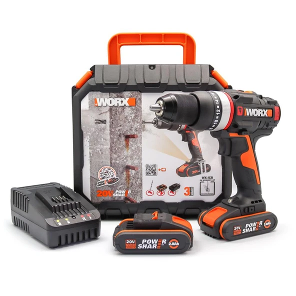 WORX WX-JCR 20Volt/2.0Ah Li-ion Çift Akülü Kömürsüz Profesyonel Darbeli Şarjlı Matkap ürün görseli 1