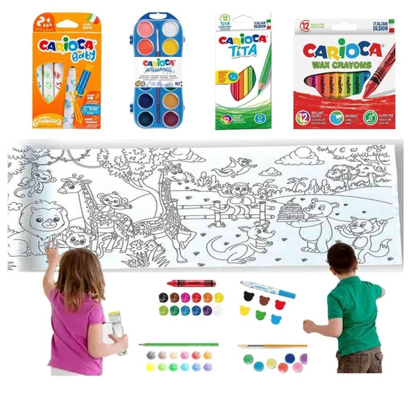 Carioca 4'lü Boyama seti + Lino Yapışkanlı Boyama Kağıdı 200x30 cm Anımal Paradıse ürün görseli 1