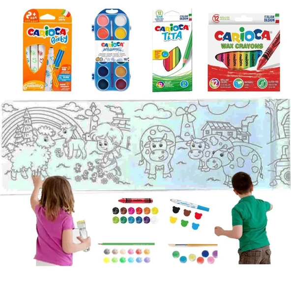 Carioca 4'lü Boyama Seti + Lino Yapışkanlı Boyama Kağıdı 86x20 cm Farm ürün görseli 1