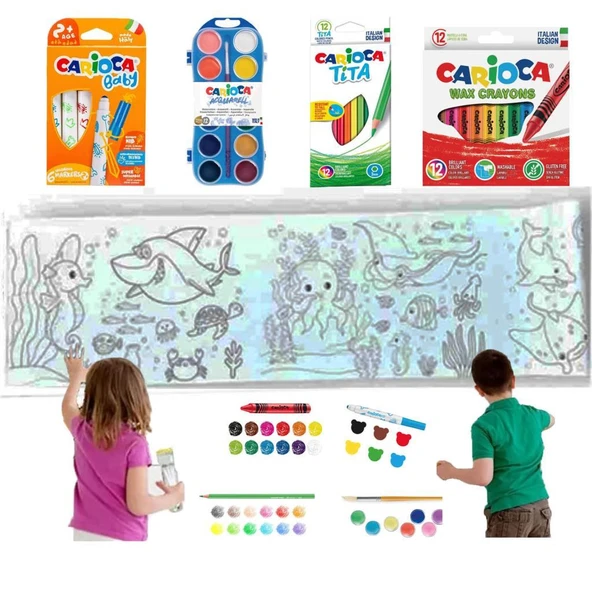 Carioca 4'lü Boyama Seti + Lino Yapışkanlı Boyama Kağıdı 86x20 cm Sea World ürün görseli 1