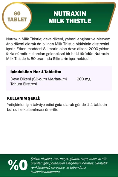 Nutraxin Milk Thistle - Deve Dikeni Gıda Takviyesi 200 Mg 60 Tablet ürün görseli 1