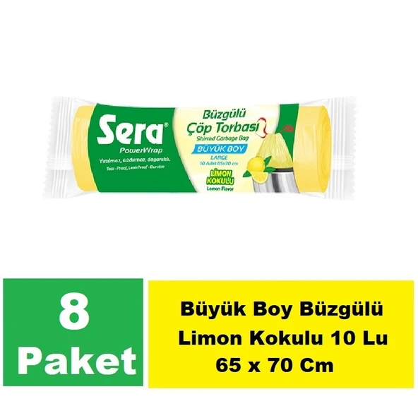 Sera Çöp Torbası Büzgülü Limon Kokulu Büyük  Boy 10 Lu 65 x 70 Cm x 8 Paket ürün görseli 1