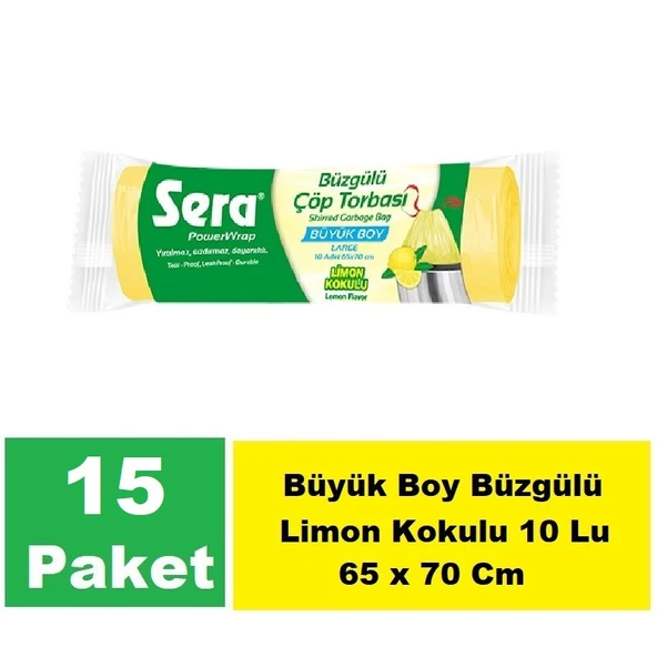 Sera Çöp Torbası Büzgülü Limon Kokulu Büyük  Boy 10 Lu 65 x 70 Cm x 15 Paket ürün görseli 1