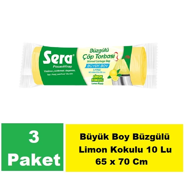Sera Çöp Torbası Büzgülü Limon Kokulu Büyük  Boy 10 Lu 65 x 70 Cm x 3 Paket ürün görseli 1