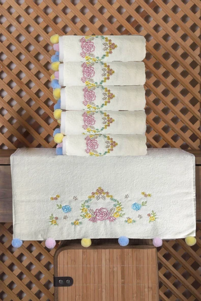 Çeyizlik 6'lı Renkli Ponponlu Çiçek Nakışlı El Yüz Havlusu Seti 50x90 cm ürün görseli 1