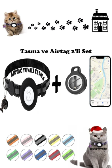 Takip Cihazı ve Airtag Yuvalı Kedi Tasması 2'li Set Ios Uyumlu Boyun Tasması GPS  SİYAH ürün görseli 1