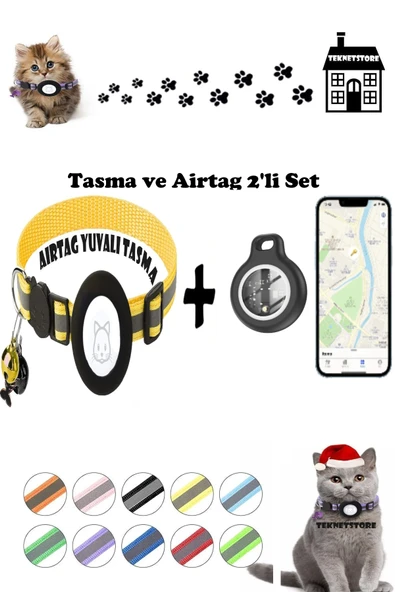 Takip Cihazı ve Airtag Yuvalı Kedi Tasması 2'li Set Ios Uyumlu Boyun Tasması GPS  SARI ürün görseli 1