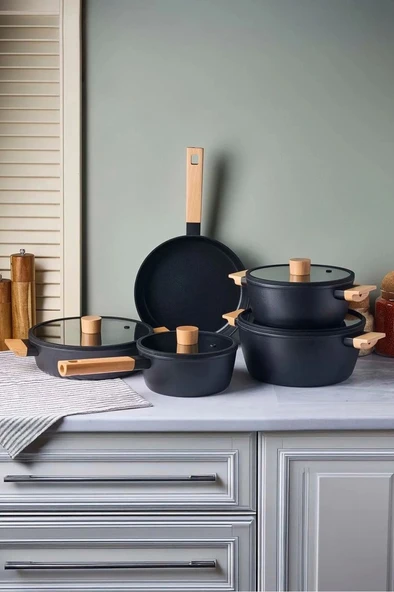 Cookwood Black 9 Parça Tencere Tava Seti Indüksiyon Tabanlı Ahşap Saplı 18080 ürün görseli 1