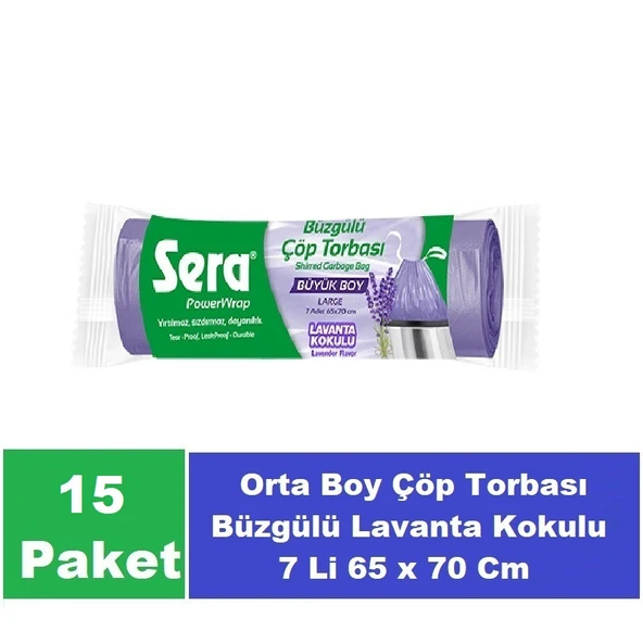 Sera Çöp Torbası Büzgülü Lavanta Kokulu Büyük Boy 7 Li 65 x 70 Cm x 15 Paket ürün görseli 1