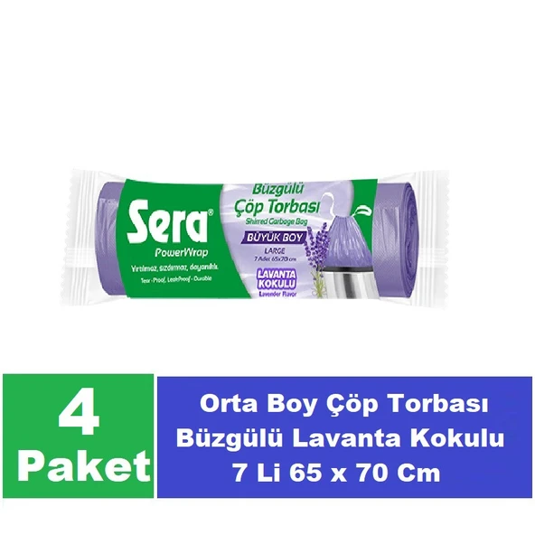 Sera Çöp Torbası Büzgülü Lavanta Kokulu Büyük Boy 7 Li 65 x 70 Cm x 4 Paket ürün görseli 1