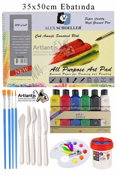 Alex Schoeller Çok Amaçlı Sanatsal Blok 35x50 200 gr 15 Yaprak Artdeco 75 ml Akrilik Boya 6 Renk Plastik Spatula Fırça ürün görseli 1